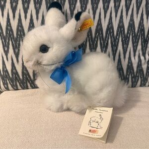 Steiff Hoppel White Plush Rabbit with Blue Bow